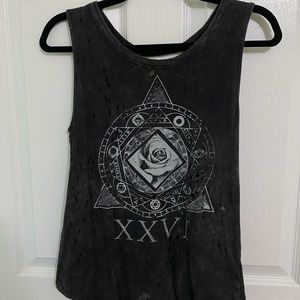 Grey with Graphic distressed, open back tank. Size S. TTS.